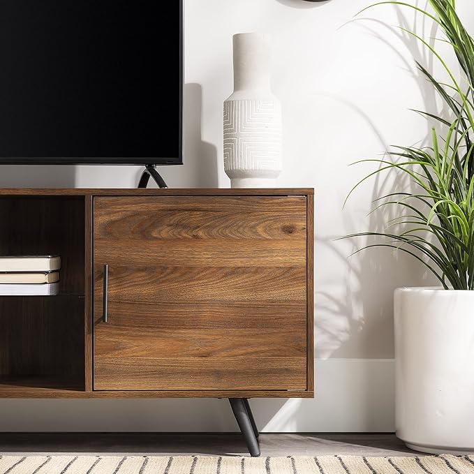 Walker Edison Saxon Mid Century Modern 2 Door Glass Shelf TV Stand for TVs up to 80 Inches, 70 Inch, Dark Walnut