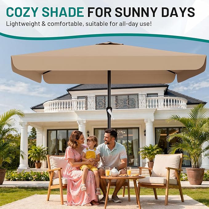 AreShark 8 X 10 FT Large Rectangular Patio Umbrella with Valance, Outdoor Table Market Umbrella w/Crank & 8 Ribs, Rectangle Outdoor Umbrellas for Garden, Deck, Yard and Poolside, Beige