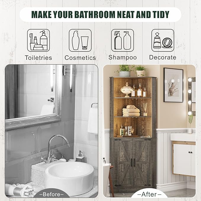 Farmhouse Corner Cabinet with LED Light, 67" Tall Bathroom Cabinet with 2 Doors and 3 Tier Shelves, Free Standing Corner Storage Cabinet for Living Room or Kitchen, Rustic Brown