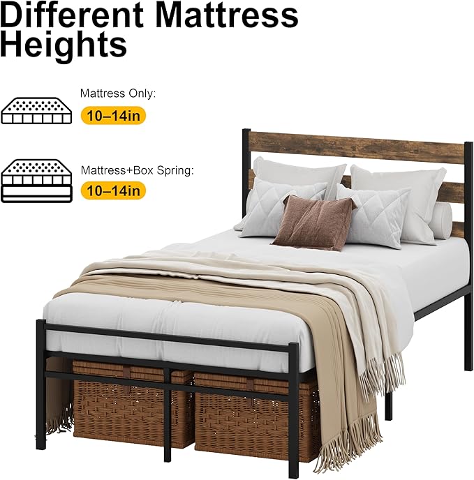 Metal Platform Bed Frame with Headboard, Twin Size 39.0W x 77.7L x 36.2H inches, Wood and Faux Leather, Walnut (Walnut Colour, Twin)