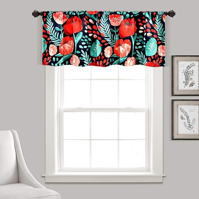 Lush Decor Poppy Garden Light Filtering Window Curtain Valance, 18" L x 52" W, Navy