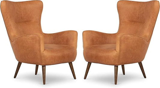 Poly & BARK Aida Leather Lounge Chair Set of 2 – 40.5” Mid-Century Accent Chairs for Living Room or Bedroom – Full-Grain Italian Leather, Feather-Down Comfort, Solid Wood Legs – Cognac Tan