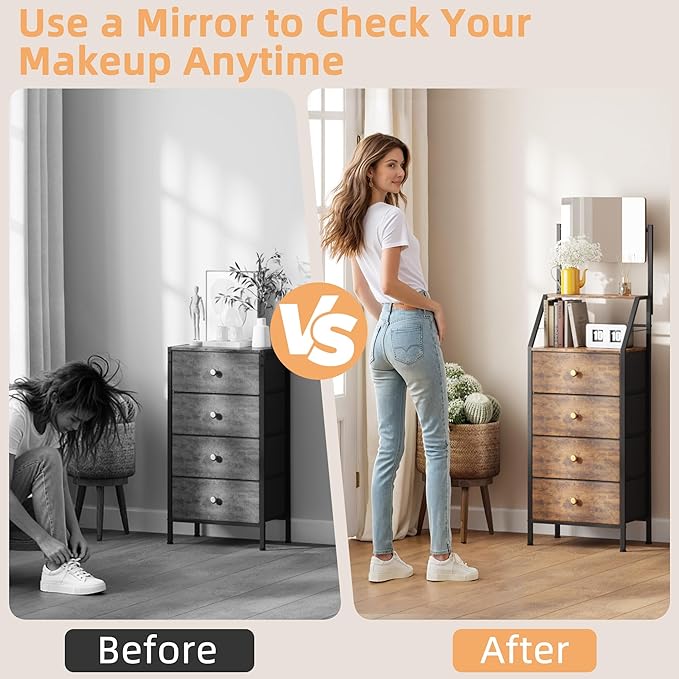 Dresser with Mirror, 4 Drawers Dresser with 2-Tier Shelves, Freestanding Fabric Chest of Drawers for Small Space, Tall Narrow Nightstand Vanity for Bedroom, Hallway, Dorm, Rustic Brown, 15.3"W