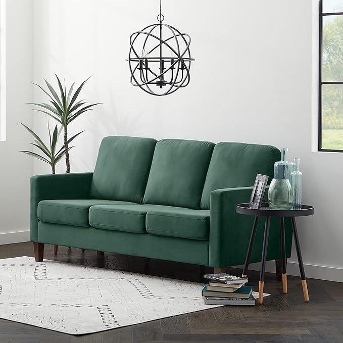 Edenbrook Archer Upholstered Sofa - Seats Three - Straight Arm Modern Design, Green Velvet