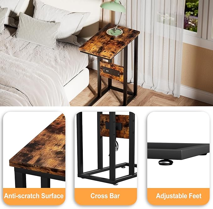 VECELO C Shaped End Table with Charging Station & Power Outlets, Quick Access Side Table for Sofa, C Bedside for Living Room Bedroom 2 Set,Brown