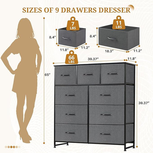 Dresser with 9 Drawers for Bedroom, Fabric Clothes Cabinet for Closet, Anti-Tip Storage Dresser with Metal Frame for Living Room, Entryway, Dorm, Grey