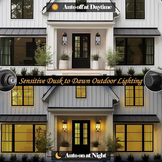 Dusk to Dawn Sensor Outdoor Light 18 Inch, Large 2-Light Bulb Outdoor Sconce Light Photocell Sensor Water Ripple Glass IP65 Waterproof Exterior Wall Lantern Lamp, E12