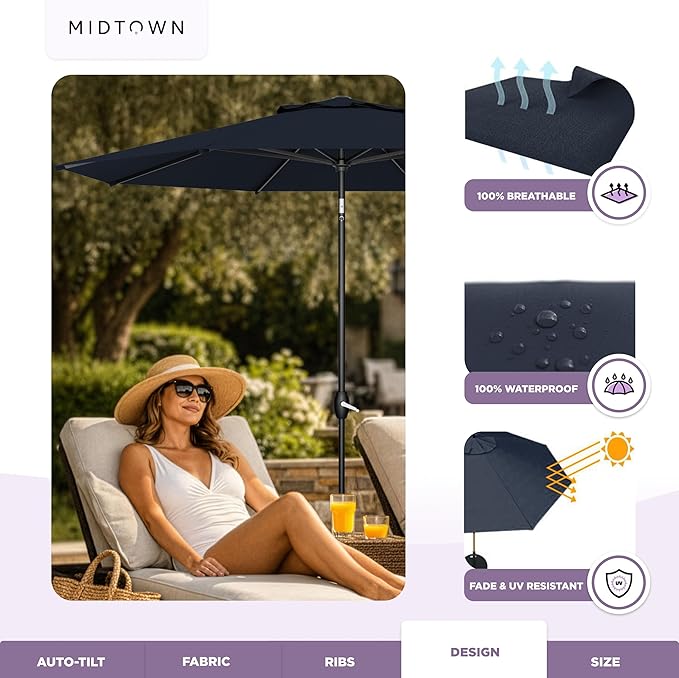 Midtown Umbrellas - The Lean 10 Ft Patio Umbrella with Fade-Resistant Sunbrella Fabric, Auto-Tilt Aluminum Frame and 8 Reinforced Ribs for Deck, Pool & Garden - Canvas Navy Canopy, Black Pole