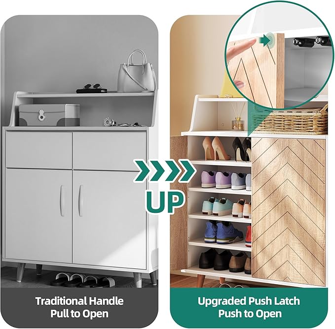 YITAHOME Shoe Cabinet with Doors, 5-Tier Shoe Storage Cabinet with Open Shelves, Large Capacity Wooden Shoes Rack Organizer with Pine Wood Legs for Entryway Hallway Closet, White & Oak Color