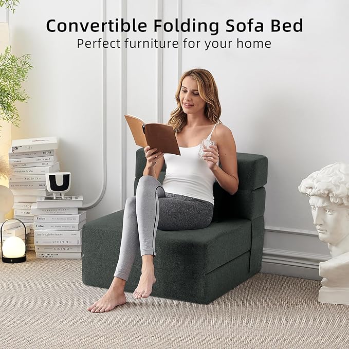 FILUXE Folding Sofa Bed | Convertible Sleeper Chair Bed for Adults, Fold Out Chair to Bed Linen Futon Chair with Pillow, for Home Dorm Apartment RV Living Room, Single Size Dark Gray
