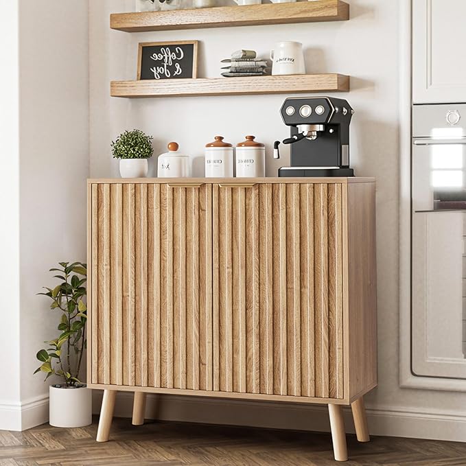Fluted Buffet Cabinet, Free Standing Sideboard with Storage, Wood Accent Cabinet with Doors & Shelf, Multifunctional Credenza, Sideboard Buffet for Living Room, Dining Room(1, Natural)