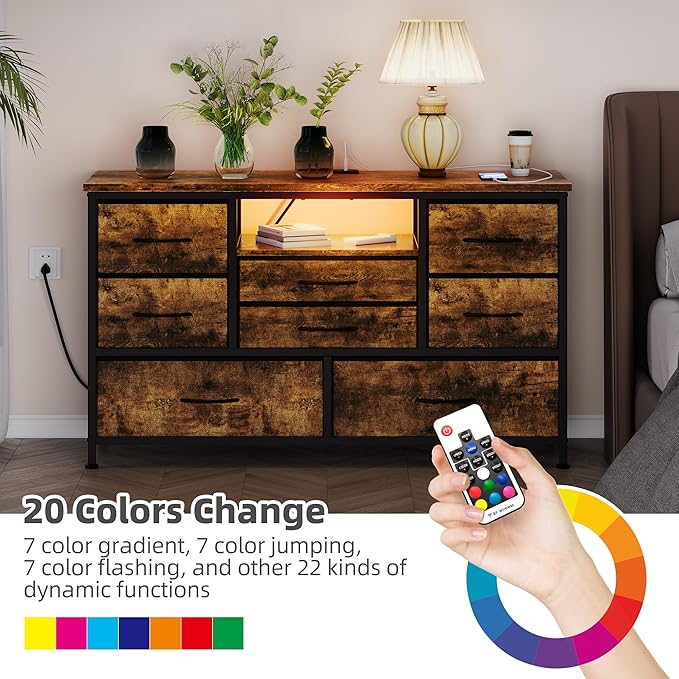 Jojoka 8-Drawer LED Dresser TV Stand with Power Outlet for 55'' TV - Wide Storage Chest for Bedroom, Living Room & Entryway, Wood Top Console Table with 22 Light Modes