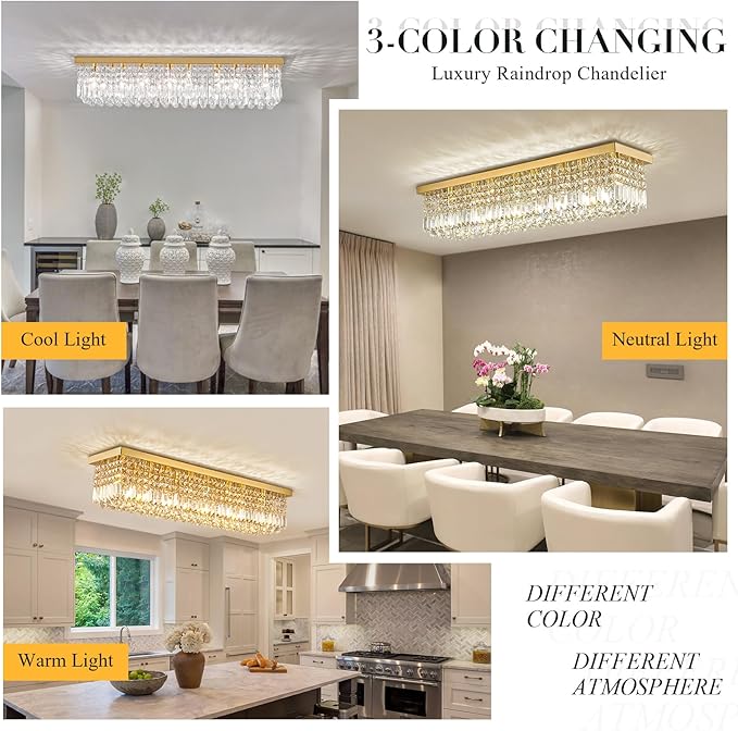 Siljoy Modern Gold Crystal Chandelier for Dining Room, 8-Light Rectangular Flush Mount Crystal Raindrop Chandelier, Luxury Dimmable Crystal Ceiling Light for Living Room Kitchen Island Bar L40''