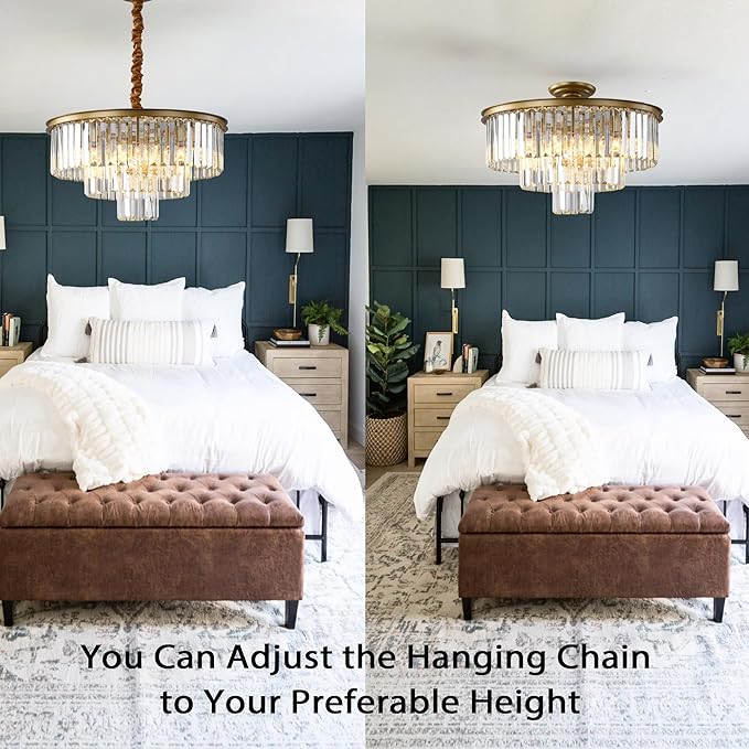 Golden Crystal Chandelier Lighting K9 Crystal Round Chandelier Suspended Ceiling Light Fixture 3 Tier Suitable for Modern Dining Room Living Room Bedroom Stairs