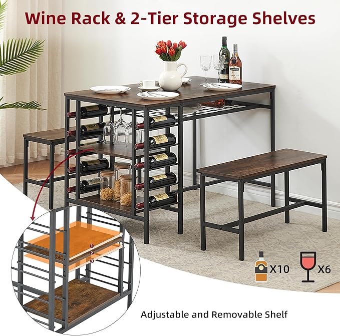 Garvee Dining Table Set for 4, Kitchen Table Set for 4 with 2 Benches, 3 Piece Dining Room Table Set for Small Space Apartment, Retro Brown