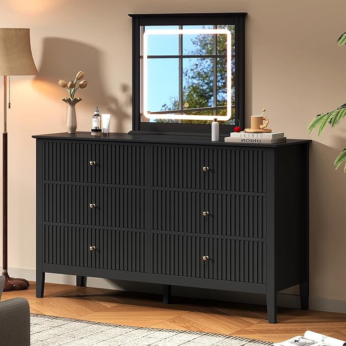 RoyalCraft Black Vanity Desk with Lighted Mirror, Fluted Makeup Vanity Table with 3 Lighting Modes, Modern Wood Dressing Table with 6 Drawers for Bedroom