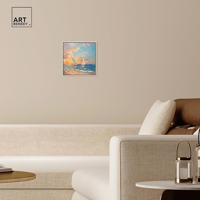 Art Remedy Sailboats In The Sunset Chic Coastal Canvas Wall Art, Silver Floater Frame, 12"x12"