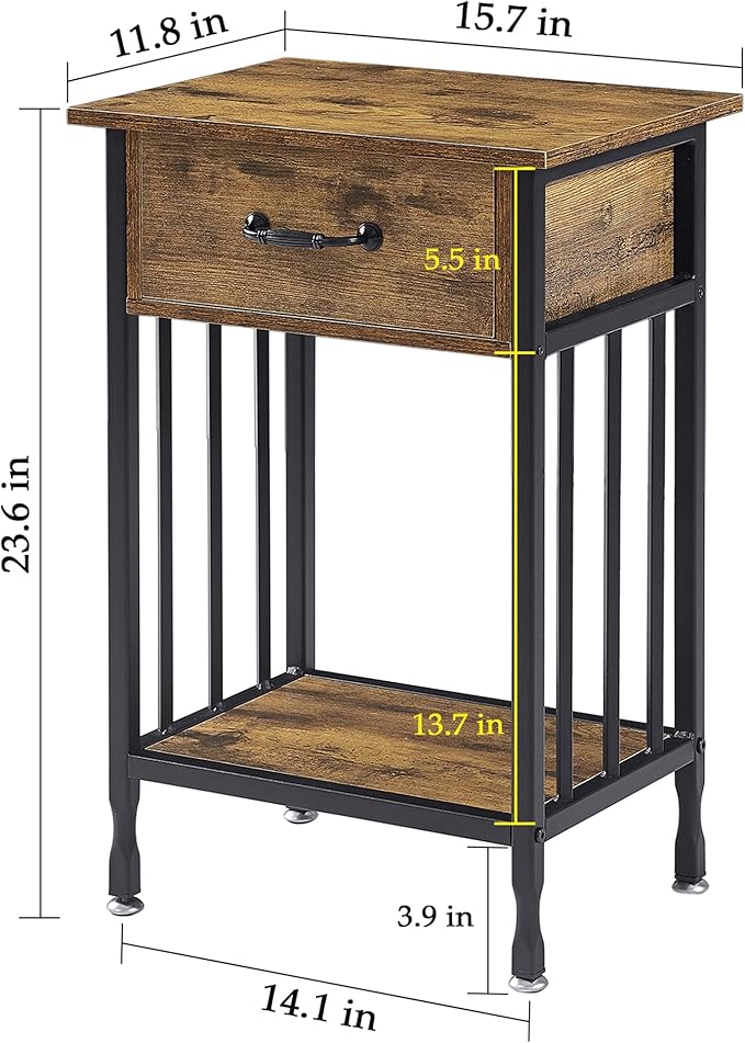 VECELO Nightstands, Industrial Side Table/End Tables with Drawer and Storage Shelf, Night Stands for Bedroom, Living Room, Wood Metal Furniture, Easy Assembly,Antique Brown,1 Set