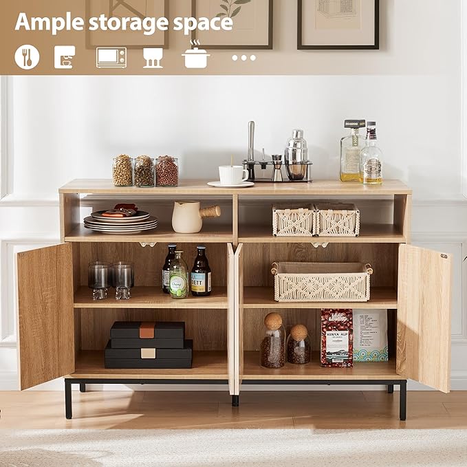 46.4" Fluted Sideboard Buffet Cabinet with Storage, Coffee Bar Console Cabinet with 4 Doors and Adjustable Shelves, Modern Wood Credenza for Kitchen, Living Room, Entryway, Natural