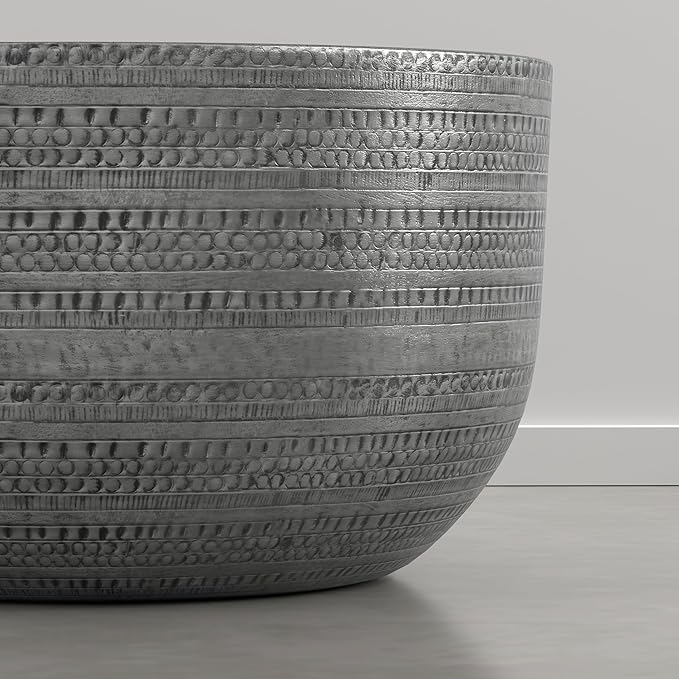 SIMPLIHOME Johnsen Metal Coffee Table - 30 inch Wide Solid Metal Round Drum Accent Table in Distressed Nickel, Boho Coffee Table for Living Room with Decorative Textured Design, Assembled