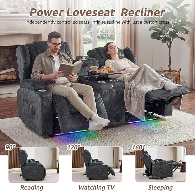 SAMERY Loveseat Recliner Sofa, Power Reclining Loveseat Sofa, Wall Hugger Recliners RV Couch with Console, Lift-Top Table, Rhythm & Ambient LED Lights, USB-C, Outlets, Velvet, Gray | Extra Wide Seat, Plush Padding, Dual Power Recline, Lift-Up Table, Am...