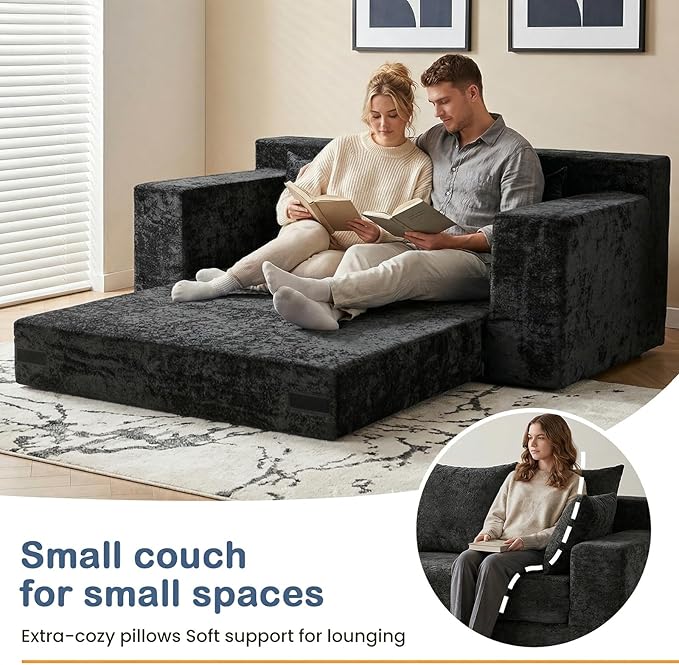 Boneless Loveseat Sleeper Sofa Bed, 3-in-1 Convertible Sofa Bed and Floor Futon Couch (Velvet-Black, Loveseat (55"))