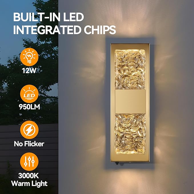 Dusk to Dawn Outdoor Lighting,Porch Lights Outdoor 14.2'' IP65 Waterproof Exterior Lighting Fixtures 12W LED Crystal Modern Outdoor Sconce Lights for House Hallway Doorway Patio, Gold, 1PCS