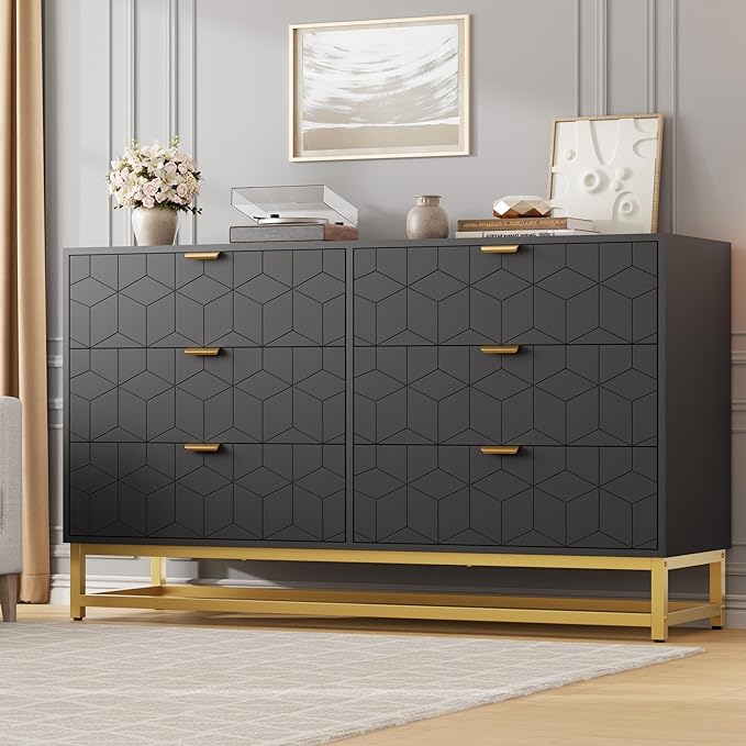 GAOMON Dresser for Bedroom, 53.5" Large Dresser Organizer, 6 Drawer with Golden Metal Handle and Legs, Modern Chest of Drawers, Black Dressers with Drawers for Closet, Hallway, Living Room, Entryway
