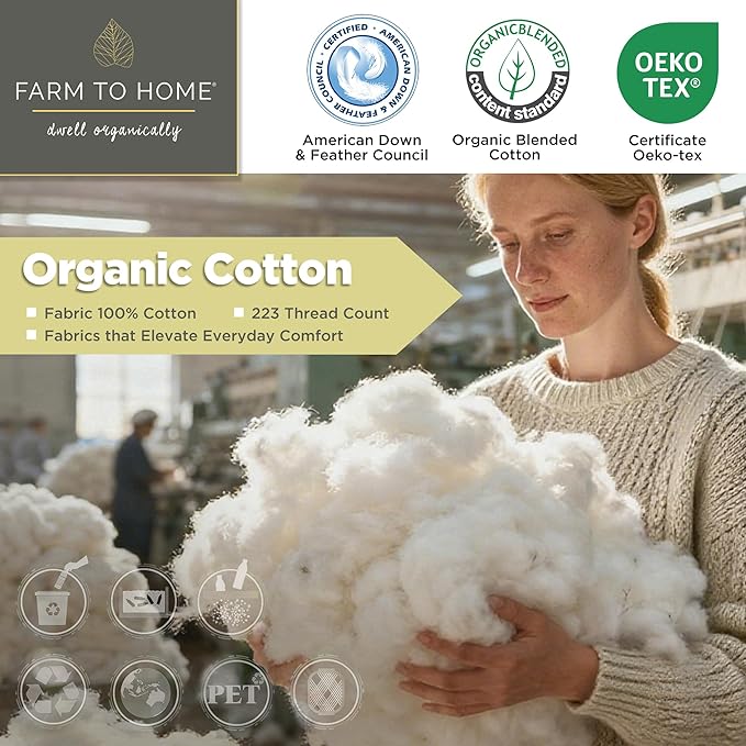 Farm to Home Feather and Down Pillows, 100% Organic Cotton Cover Pillows, Luxury Hotel Collection Bed Pillows for Sleeping, 20" x 28" Queen/Jumbo Size Set of 2