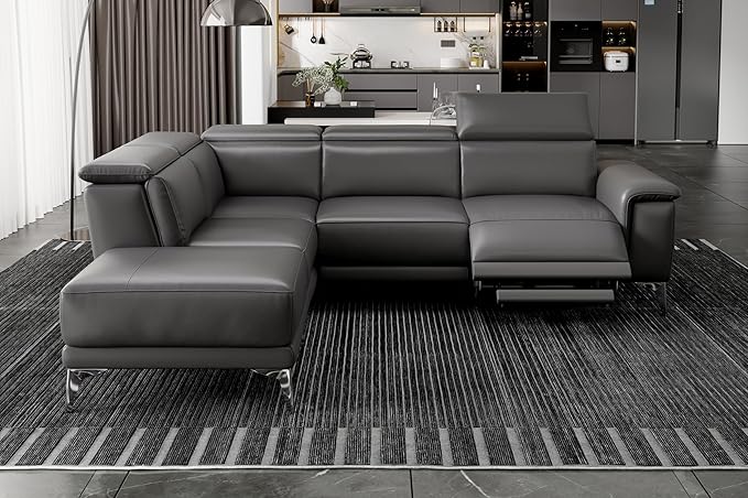 Valencia Pista 113" Cloudy Grey Full Leather Reclining Sectional Sofa with Left Hand Chaise | Power Recliner Chair, Nappa 11000 Leather | L Shaped Couch for Living Room Furniture