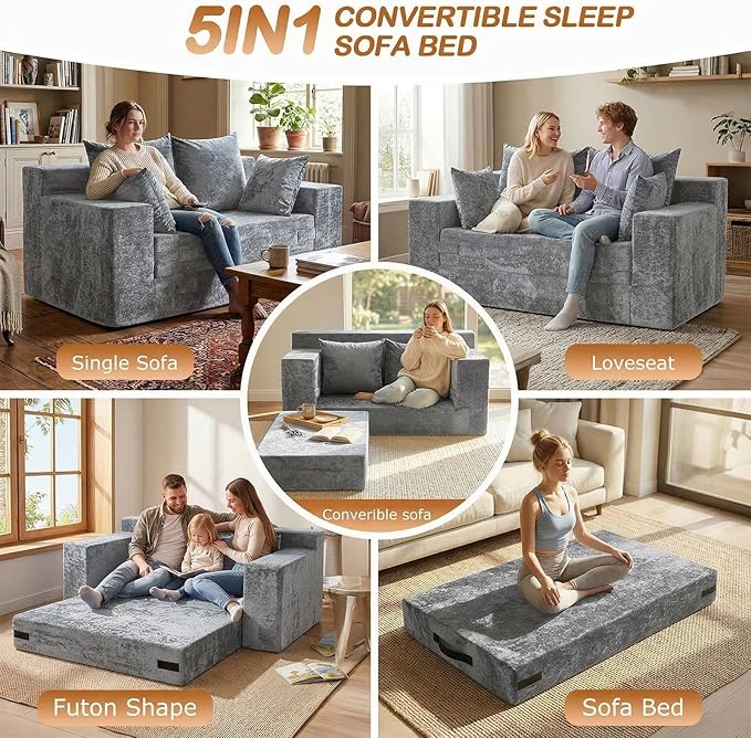 Convertible Sofa Bed, 5 in 1 Small Boneless Couch Pull Out Loveseat Sleeper Sofa,Corduroy Futon Couch Folding Mattress with 4 Pillows for Living Room (Light Gray, Loveseat(Silky Velvet))