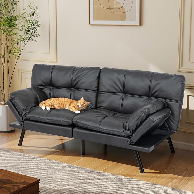 Opoiar Faux Leather Black Futon Sofa Bed Convertible Memory Foam Couch Bed Futon Sets Folding Modern Sleeper Sofa Loveseat for Studio,Drom,Apartment,Game Room and Small Space