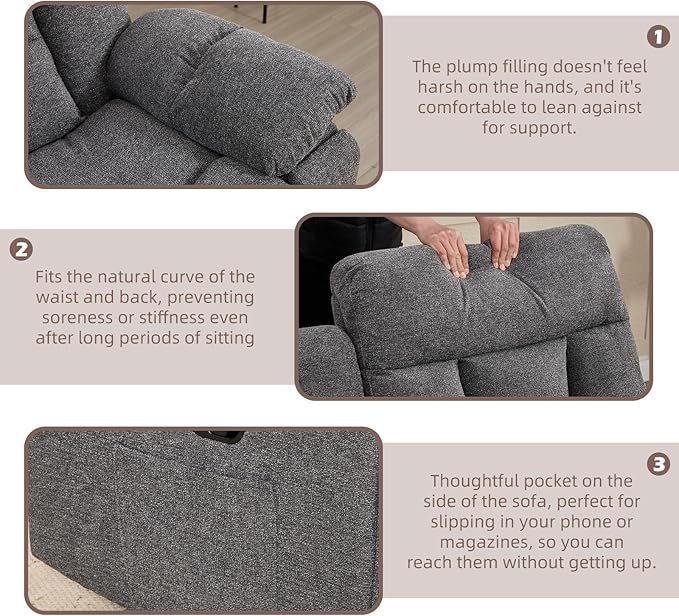 CANMOV 3 Seat Manual Recliner Sofa, Modern Reclining Sofa with Overstuffed Armrest, Hidden Cup Holders, for Living Room, Grey