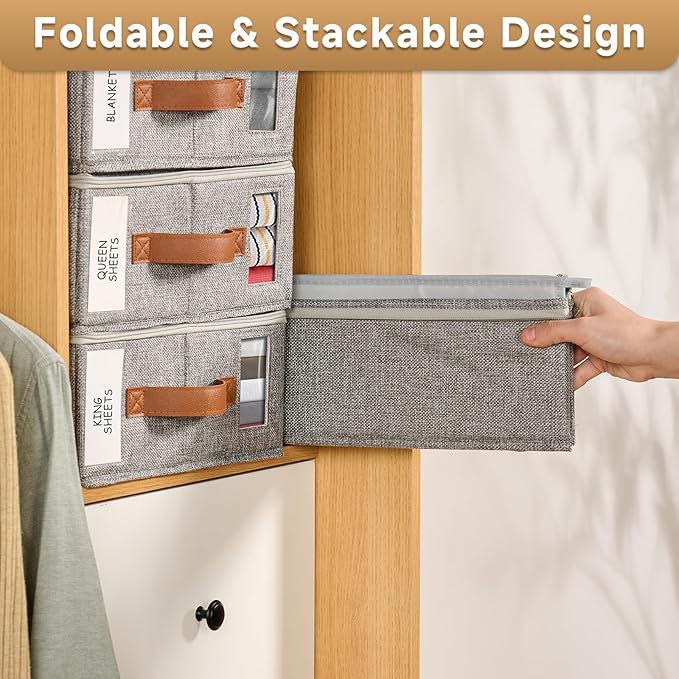 8pack Bed Sheet Organizer, Foldable Linen Closet Organizers and Storage with Sealed Design, Queen & King Size Sheet Storage with Window, Closet Organizer for Bedsheets/Blankets/Clothes, Linen