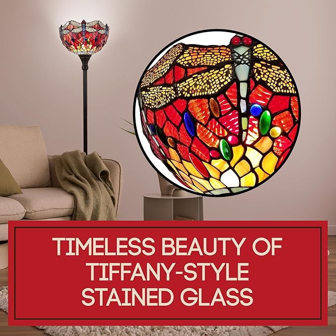 Amora Upright Tiffany Floor Lamp - 74” Dragonfly Stained Glass Floor Lamp