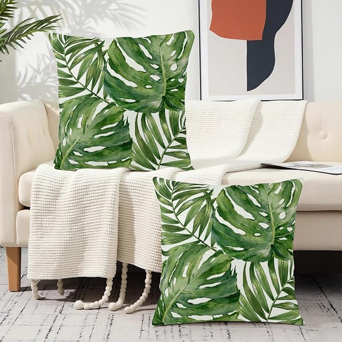 Summer Tropical Pillow Covers 22x22 Set of 2 Green Palm Leaf Decorative Throw Pillows Case Monstera Botanical Leaves Tropical Outdoor Cushion Cover for Sofa Couch Garden Home Decor