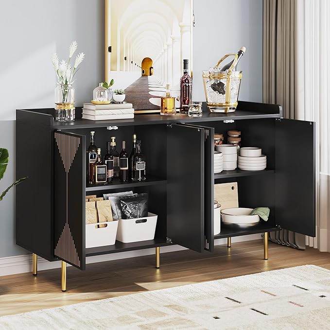 DWVO Modern Kitchen Storage Cabinet with Adjustable Shelves, 55" Sideboard Buffet Cabinet with Storage for Hallway, Kitchen or Living Room, Black