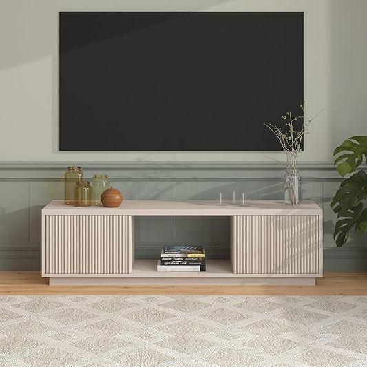 Henn&Hart Fluted TV Stand for TVs up to 65" with 2 Side Storage Cabinets and Open Center Storage for Living Room, Family Room, or Office, Beech White
