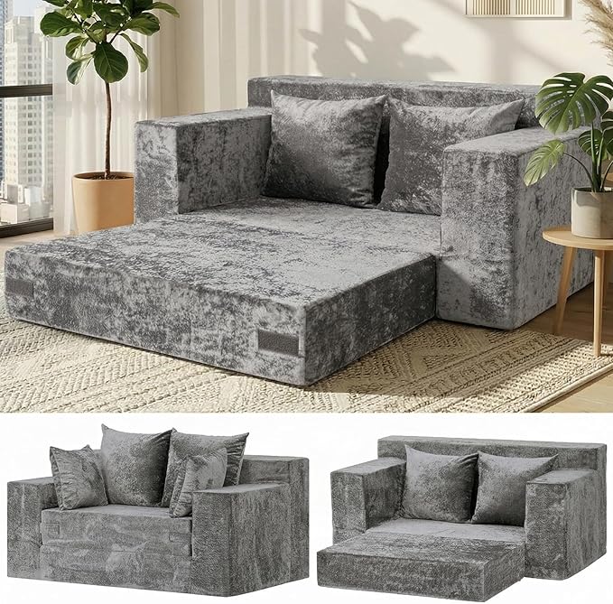 Convertible Sofa Bed, 5 in 1 Small Boneless Couch Pull Out Loveseat Sleeper Sofa,Corduroy Futon Couch Folding Mattress with 4 Pillows for Living Room (Light Gray, Loveseat(Silky Velvet))