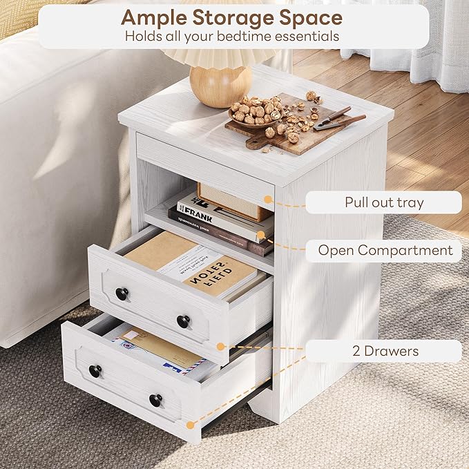 LIKIMIO Nightstand Set of 2, Night Stand with Pull Out Tray, Wooden Bedside Table with 2 Drawers and Open Shelf, Side Table for Bedroom, White