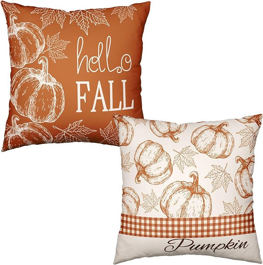 Hello Fall Pumpkin Pillow Covers 16x16 Set of 2 Autumn Maple Leaves Burnt Orange Outdoor Throw Pillows Case Farmhouse Thanksgiving Decorative Cushion Covers for Home Couch Sofa