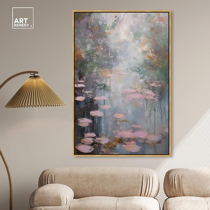 Art Remedy Pink Impressionisty Lilypads Framed Impressionism 1 Piece Canvas Wall Art/Monet And Van Gogh Inspired Art, 37.5" x 55.5", Gold Frame