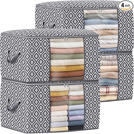 Direct 100L, 4 Pack, Storage Containers, Large Clothes Storage Bins Foldable Organization and Storage Bags with Reinforced Handle, Clear Window for Bedding, Blankets, Clothing, Grey