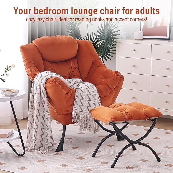 Lazy Chair with Ottoman, Modern Chair with Folding Footrest, Velvet Orange Accent Chair, Comfortable Reading Chair, Oversized Armchairs for Bedroom, Study, Living Room, Courtyard