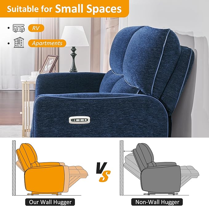 MCombo 60" Wall Hugger Power Loveseat Recliner Sofa with Adjustable Headrest, RV Reclining Loveseat with USB and Type C Charge Ports for Living Room 6924 (Navy Blue, Loveseat)