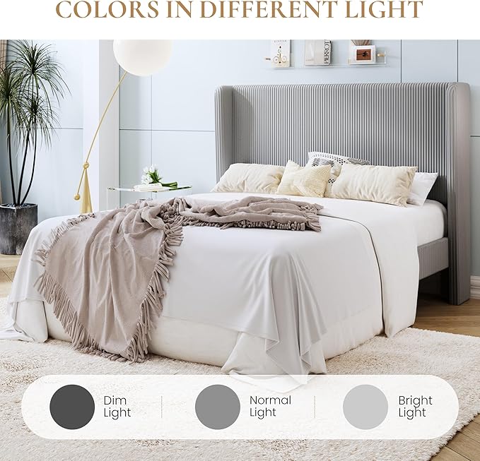 SHA CERLIN Queen Size Corduroy Upholstered Platform Bed Frame with Vertical Channel Tufted Wingback Headboard, 8" Under Bed Storage, Wooden Slats & Metal Frame Support, Easy Assembly, Light Grey