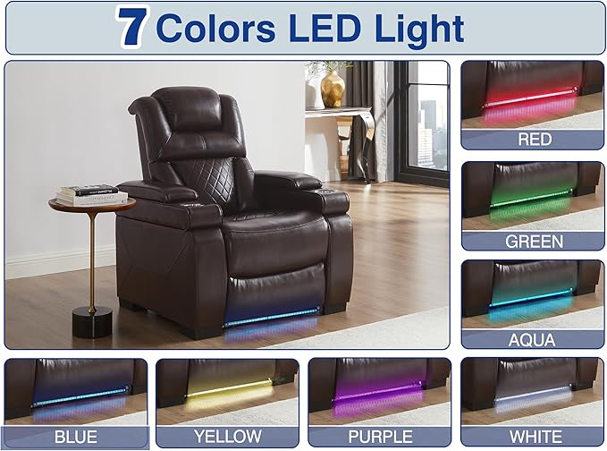 THSUPER Power Breathable Leather Reclining Chair with 7-Color LED Light, Living Room Recliner Chair with Adjustable Headrest/USB Port/Cup Holder/Storage Arm for Living Room, Brown