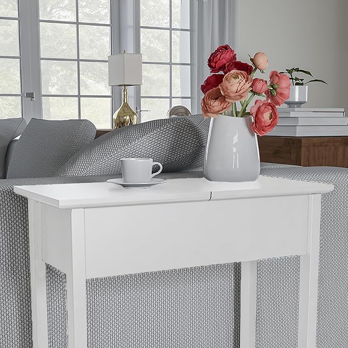 Lavish Home Flip-Top End Table - Slim Side Console with Hidden Hinged Storage Compartment and Lower Shelf - For Living Room or Hallway Use (White)