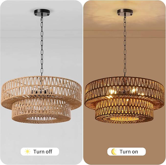 LamQee 22 Inch Farmhouse Rattan Chandeliers, 5 Lights Boho Chandelier Light Fixture with Hand Woven Wicker Shade, Large Rattan Pendant Lights Ceiling Hanging Lighting for Dining Room Kitchen Island