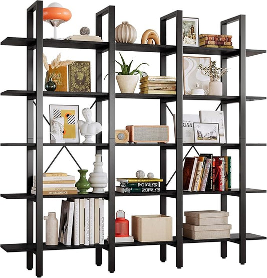 IRONCK Bookshelves Triple Wide 5 Tiers Large Open Shelves, Display Shelf with Back Fence for Home Office Decor, Easy Assembly, Vintage Black